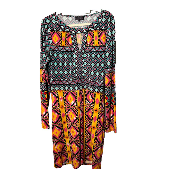 Hale Bob Women's Multicolor in Aztec Keyhole Neck Jersey A-Line Dress Size M - Picture 1 of 9